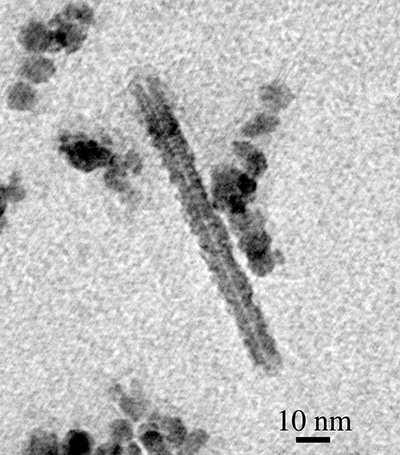 Figure 4. CNT collected from Isuzu engine model 3LD1 at 1800 rpm under 60% load with 600 ppm Fe (by mass) doped diesel fuel. The tube has 8 nm outer diameter, 0.8 nm inner diameter, 90 nm length approximately.