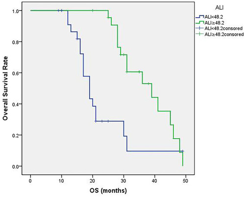 Figure 2 Patient overall survival (OS) curves following surgery. The curves indicate that high ALI group (ALI≥48.2) shows more survival rates and longer survival time (P<0.05).