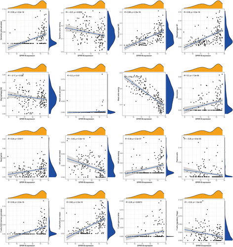 Figure 8 The figure presents a scatter plot depicting the relationship between a characteristic gene and immune cells. The horizontal axis reflects the level of expression of the distinctive gene, while the vertical axis represents the content of immune cells. The correlation coefficient (R), which measures the degree and direction of the association between the two variables, is shown. When R > 0, it indicates a positive association between the expression of the characteristic gene and the content of immune cells. Conversely, when R < 0, it denotes a negative correlation. Furthermore, the p value is also presented, which indicates the statistical significance of the correlation between immune cells and the characteristic gene. A p value < 0.05 implies that the observed correlation is unlikely to have occurred by chance alone and is, therefore, significant.