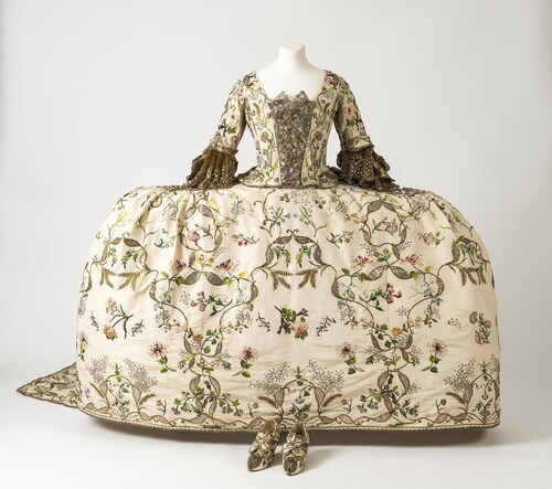 Figure 5 Court dress (gown, petticoat, stomacher, and shoes), ca.1740–60. Silk with metal thread. © Fashion Museum Bath.