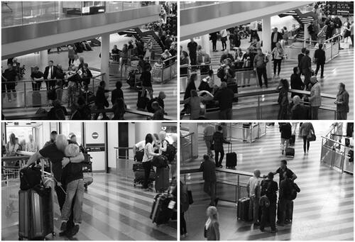 Figure 14. Greeting situations between ‘meeters and greeters’ and passengers: (a) hugging at the barrier, (b) and (c) hugging in the flow corridor of passengers arriving, (d) passengers congregating in the waiting areas. Source: own.