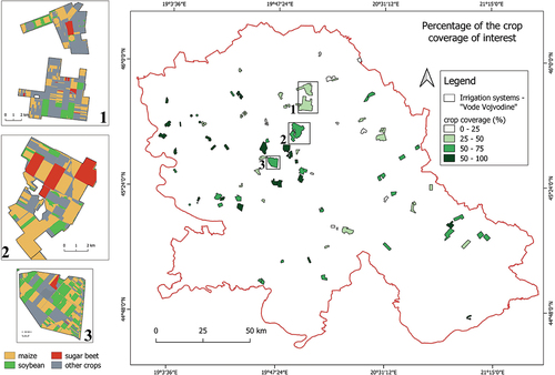 Figure 3. Distribution of the maize, soybean, and sugar beet within validation polygons from PWMC “Vode Vojvodine” for the year 2022 presented as % of the crop coverage of interest. Examples 1, 2, and 3 are given for a more detailed insight into how the spatial distribution of three crops of interest and other crops that are non of interest looks.