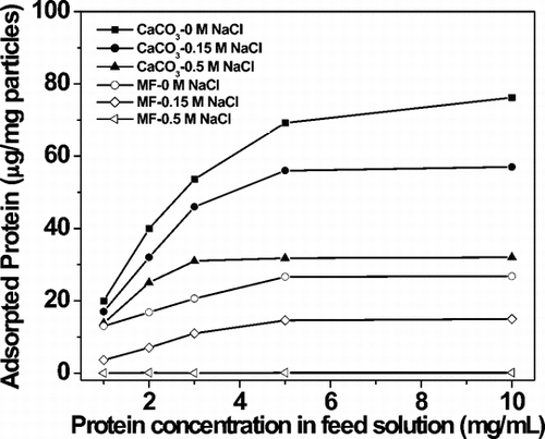Figure 2 Adsorption capacity of GOx onto CaCO3 or MF particle templates as a function of the concentration of the enzyme and concentration of NaCl. The maximum adsorption onto colloidal CaCO3 was about 76 µg/mg particles.