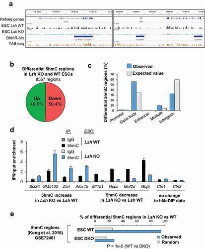 Figure 3. 5hmC level is impaired in Lsh KO ESCs at specific genomic loci.