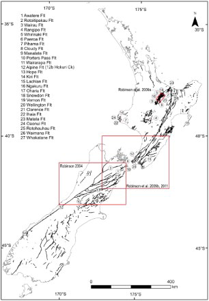 Figure 1. Active fault map of New Zealand showing the locations of faults (thick black lines). Fault numbers correspond to those given in the left-hand column of Table 1. Fault locations from the GNS Science active faults database (GNS open access, August 2012). Boxes show regions of simulated seismicity models (see text for further discussion of the models).