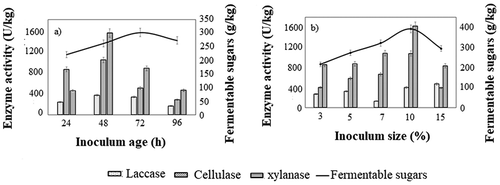 Figure 2. Effect of (a) inoculum age and (b) inoculum size on the production of enzyme cocktail and fermentable sugars. All the experiments were performed in triplicates and the results were represented as mean average with standard deviation