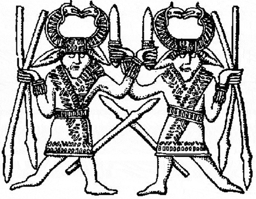 Figure 1. A foil design from one of the Vendel ceremonial helmets (500–700 AD). This foil depicts two figures wearing horned-helmets (terminating in bird beaks) and light robes. They are wielding swords upright in one hand and crossing spears in the other. Their feet are presented as if in motion, with one foot off the ground and the other set firmly forward, as if they had just leapt forth. As a result, they are interpreted as dancing, a classic example of the weapon dancer motif. (Viking Rune Citation2018)
