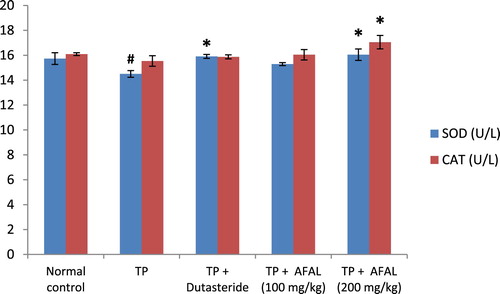 Figure 4. Effect of acetogenin-rich fraction of Annona muricata leaves (AFAL) on superoxide dismutase (SOD) and catalase (CAT) activities in testosterone propionate (TP)-induced BPH in rats. Values are expressed as mean ± standard error of mean (n = 5). #Significant when compared to normal control (p < 0.05); *significant compared to TP control (p < 0.05).