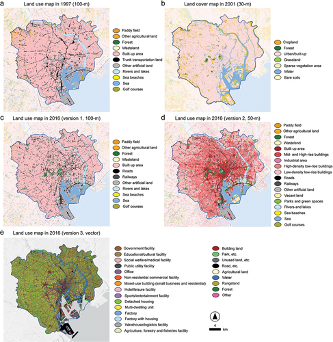 Figure 122. (a) Land use map of Tokyo 23-Ku in 1997 (100-m mesh data); (b) land cover map of Tokyo 23-Ku in 2001 (30-m spatial resolution); (c) land use map of Tokyo 23-Ku in 2016 (version 1, 100-m mesh data); (d) land use map of Tokyo 23-Ku in 2016 (version 2, 50-m mesh data); (e) land use map of Tokyo 23-Ku in 2016 (version 3, vector data). [Sources: (a), (c), and (d) are from the National Land Information Division, National Spatial Planning and Regional Policy Bureau, Ministry of Land, Infrastructure, Transport and Tourism of Japan; (b) is from Bagan and Yamagata (Citation2012); and (d) is from the Tokyo Metropolitan Development Bureau].