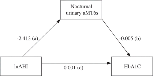 Figure 1. A mediation diagram of the associations between lnAHI, nocturnal urinary aMT6s and lnHbA1c. In this mediation diagram, lnHbA1c is the outcome variable, lnAHI is the causal variable and nocturnal urinary aMT6s is the mediator. Coefficients are noted for each path.