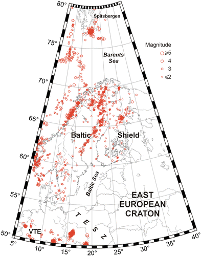 Fig. 1 The seismicity map of central and northern Europe (January 2008 – September 2011) showing locations of 2698 events: 2285 from the Helsinki catalogue (Uski & Raime Citation2010) and 413 from GEOFON. Events are mostly shallow: 90% of the events have depths < 20 km, maximum depth is 70 km for an event in Spitsbergen; the highest magnitude for an event is 5.9.