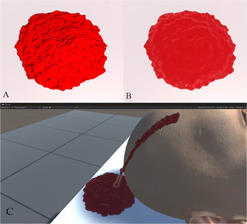 Figure 4. Blood simulation effect based on obi fluid plug-in: (A) particle rendering; (B) fluid rendering; (C) blood effect in scene.