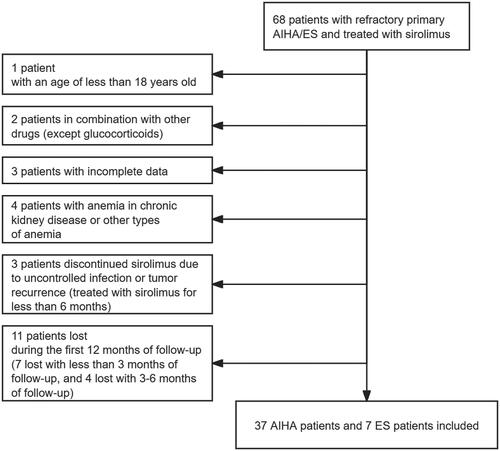 Figure 1. Study profile.A total of 68 patients were screened. Among those, 1 patient was excluded with an age of less than 18; 2 in combination with other drugs (except glucocorticoids); 3 with incomplete data; 4 with anaemia in chronic kidney disease or other types of anaemia; 3 discontinued sirolimus due to uncontrolled infection or tumour recurrence (treated with sirolimus for less than 6 months); 11 lost during the first 12 months of follow-up (7 lost with less than 3 months of follow-up, and 4 lost with 3–6 months of follow-up). The remaining 44 patients all have been treated with sirolimus for at least 6 months and followed up for at least 12 months.
