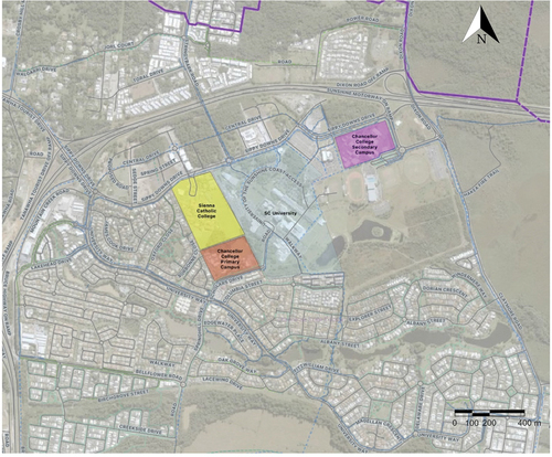 Figure 2. Map showing the area surrounding the schools surveyed in the current study. The schools are in proximity and separated only by a university campus.