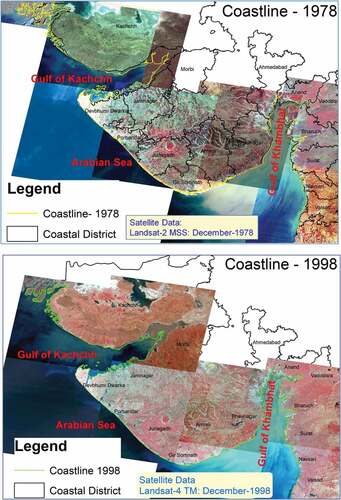 Figure 4. Coastline delineated using Landsat data of December 1978, and 1998 covering coastal districts in Gujarat State.