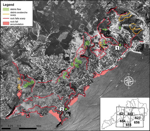 Figure 7. Aerial image and interpretation of Amalfi and Conca dei Marini area. The numbers 1 and 2 indicate the position of the sites shown in Figures 9a and 9b, respectively. The inset shows the 6 aerial images coverage and their respective numbers.