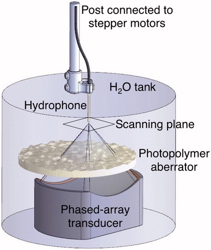 Figure 1. Setup for phase aberration correction verification. Focused ultrasound passed through a photopolymer aberrator model designed to generate phase aberrations of 0–2π. A hydrophone controlled by stepper motors scanned the ultrasound pressure pattern in the plane of the transducer’s geometric focus.