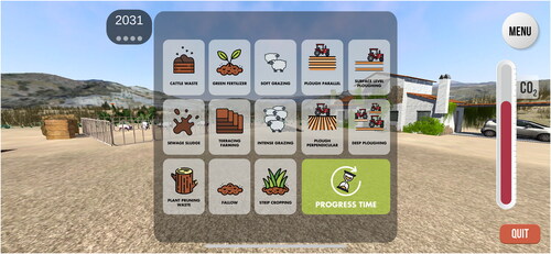 Figure 3. Screenshot of the ‘actions’ menu. Icons are designed for easy understanding of the agricultural strategies studied through the LIFE AmdryC4 pilot project. Source: LIFE AMDRYC4 (Universidad de Murcia, Citation2021b).