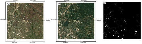 Figure 2. The true-color images and ground truth labels of changes in the Washington DC area: (a) Sentinel-2 image acquired on 26 April 2018; (b) 19 August 2019; (c) ground truth labels of identified urban changes.