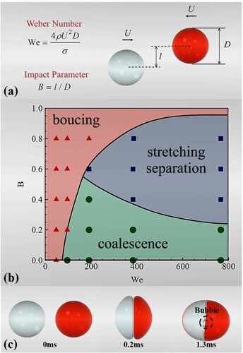 Figure 7. (a) the definitions of Weber number and impact parameter, (b) the behaviors diagram of droplet collision, (c) the bubble formation in the coalescence process.
