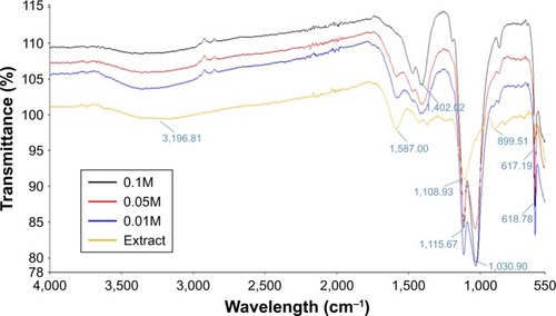 Figure 4 FTIR spectra of Albizia lebbeck extract and synthesized ZnO NPs using various concentrations of zinc nitrate.Abbreviations: FTIR, Fourier transform infrared; ZnO NPs, zinc oxide nanoparticles.