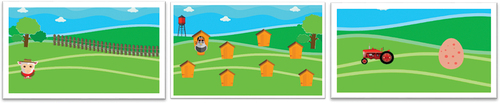 Figure 1. FarmApp game frames. From left to right, Sheep, Chicken and Memory game frames.