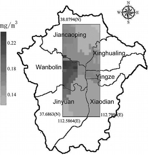 Figure 5. Spatial distribution of PM10 concentration of research area in 2002. Spatial distribution shown on the figure is produced by neural network model for each of the shown grid cells.