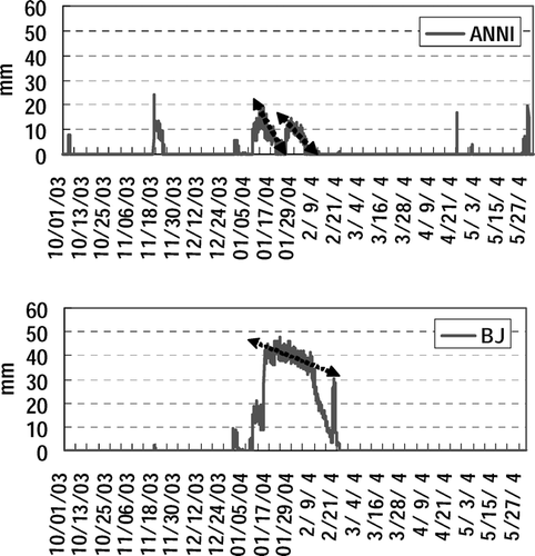 Figure 12 Time sequences of the equivalent snow water quantity at ANNI and BJ sites estimated by snow depth, albedo, and relation between albedo and snow cover percentage (Fig. 11). Arrows show the decreasing trends used to determine the sublimation.