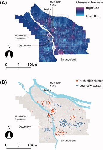 Figure 2 Spatial distribution of the changes in liveliness by (A) kriging and (B) local Moran’s I.