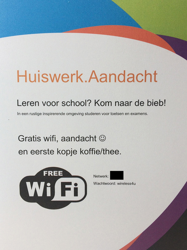 Figure 1. Offering more than a quiet place to study: Poster in library announcing ‘Free wifi, attention and a first cup of coffee/tea’. Source: Anne.