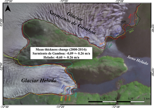 Figure 5. Area changes (1945–2020) and thickness changes (2000–2014) of Helado and Sarmiento de Gamboa glaciers. Thickness changes reflect an average for the whole glacier, including ablation and accumulation areas.