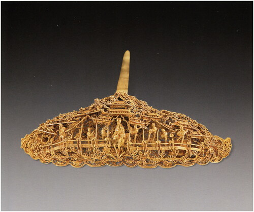 Figure 4 Mountain shaped gold hairpin with Pavilion characters, early sixteenth century. Unearthed from Changjing Ming Tomb in Jiangyin, Jiangsu Province. The Gems of Jiangyin Relics. Beijing: Cultural Relics Publishing House.