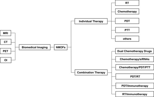 Figure 1 The applications of NMOFs in diagnostic and therapeutic strategies for cancers.Abbreviations: MRI, magnetic resonance imaging; CT, computed tomography; PET, positron emission tomography; OI, optical imaging; NMOFs, nanoscale metal-organic frameworks; RT, radiotherapy; PDT, photodynamic therapy; PTT, photothermal therapy.