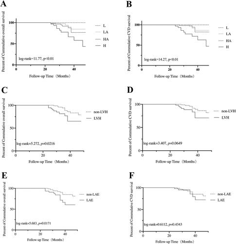 Figure 2. Kaplan-Meier analysis of overall survival and cardiovascular survival of the participants. (A) The overall survival of participants classified according to the type of peritoneal transportation. (B) The cardiovascular survival of the participants classified according to the type of peritoneal transportation. (C) The overall survival of the participants classified according to the diagnostic criteria for LVH by echocardiography. (D) The cardiovascular survival of the participants classified according to the diagnostic criteria for LVH by echocardiography. (E) The overall survival of the participants classified according to the diagnostic criteria for LAE by echocardiography. (F) The cardiovascular survival of the participants classified according to the diagnostic criteria for LAE by echocardiography. L: low; LA: low-average; HA: high-average; H: high; LVH: left ventricular hypertrophy; LAE: left atrial enlargement.