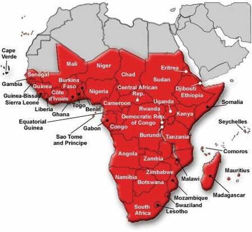 Figure 1. A map of Africa showing the relative expanse of the Sub-Saharan region shown in red. Source: https://www.researchgate.net/figure/A-physical-geography-map-of-Africa-from-the-Perry-Castaneda-map-collection_Figure2_32898263 (Accessed 11 October 2022).