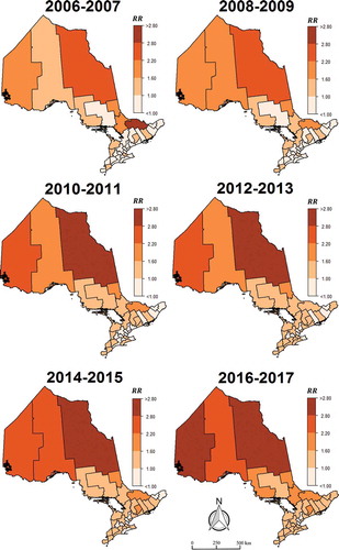 Figure 1. Relative risk maps of mental illness for PHUs in Ontario, Canada (2006–2017).