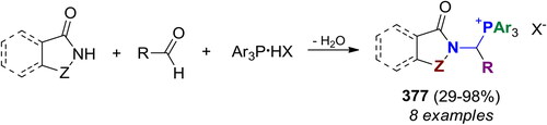 Scheme 221. 3C-Phospha-Mannich reaction of phosphonium salts Ar3P·HX with aldehydes and lactams or imides.[Citation745] Products and yields are listed in Table S57.