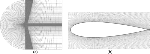 Figure 1. Numerical grid used for the evaluation of the goal function. (a) C-grid of the full domain and (b) Close-up view of the airfoil (here NACA 0020).