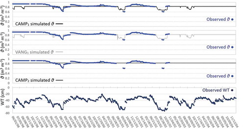 Figure 9. Daily simulated and observed soil water contents (θ) at 50 cm depth in hummocks and daily observed water table (WT) depths referred to the hummock surface at Mer Bleue bog. Simulated θ by CAMP1, VANG1, and CAMP2 model runs were driven by the available observed daily WT records during the period 1998–2004