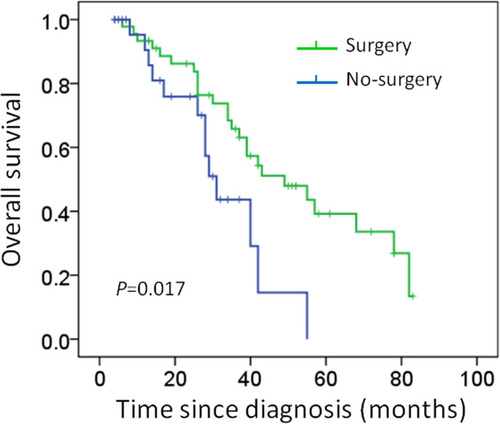 Figure 2 Kaplan–Meier curves estimate overall survival in de novo stage IV breast cancer with bone metastasis only (Median survival was 40 months in the surgery group vs 23 months in the no surgery group; Log rank test: P = 0.017).