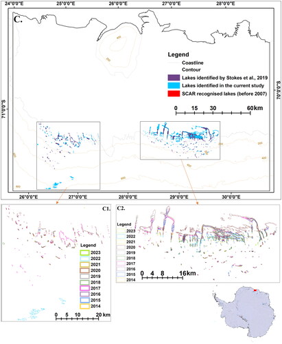 Figure 5. Distribution of melt lakes in Region C. The zoomed images (C1 and C2) showed the temporal extent of the lakes.