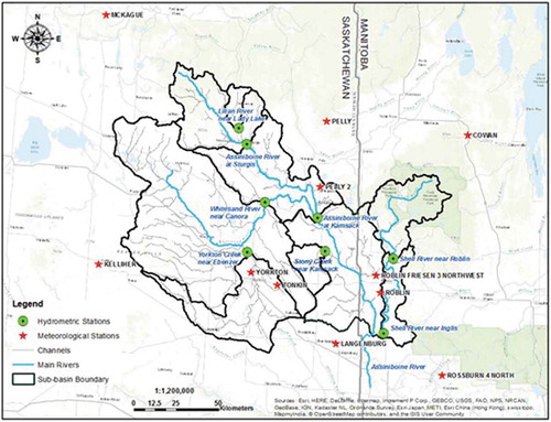 Figure 4. Sub-basins of Shellmouth basin, and hydrometric and meteorological stations.