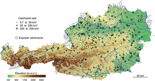 Fig. 2 Topography of Austria and location of the 330 stream gauges used in this paper. 1–4 are the example catchments analysed in detail (1: Tillmitsch/Lassnitz, 480.4 km2; 2: Hinterbichl/Isel, 107.0 km2; 3: Bad Pirawarth/Weidenbach, 71.0 km2; 4: Kainisch/Ödenseetraun, 55.3 km2).