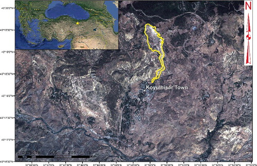 Figure 1. The study area (Koyulhisar City, Turkey) and landslide border (in yellow colour).