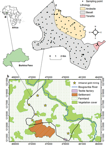 Figure 1. Maps showing the study area (a), land occupation (b) and lithology with 132 topsoil sampling points from southwestern Burkina Faso (c).