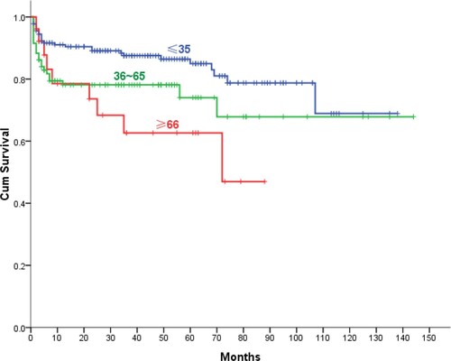 Figure 2. Overall survival in different age groups: ≤35 years, 36∼65 years, and ≥66 years.