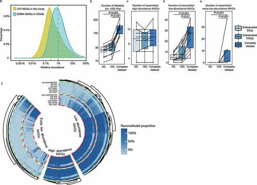 Figure 3. (a) Distribution of metagenomic-assembled genomes (MAGs) of different relative abundance recovered in the IGG database using routine metagenomic analysis approach and hybrid extra-deep sequencing metagenomic assembling pipeline in the current dataset. (b-e) Binning performance reflected by the number of >200 Kbp bins, high-, low-, and extra-low-abundance genomes assembled in the complete dataset, 5Gbp and 10Gbp subsampled datasets. (f) Ultra-deep sequencing outperformed shallow sequencing in assembling metagenomic-assembled genomes (MAGs). The high-, low-, and extra-low-abundance MAGs reconstructed using 5 Gbp and 10 Gbp subsampling datasets were compared with the 475-high-quality MAGs achieved by ultra-deep sequencing. The genome completeness, N50 length, genome size, number of identified coding sequences (proteins), genes identified in the Kyoto Encyclopedia of Genes and Genomes (KEGG) database, and carbohydrate-active enzymes (CAZymes) are shown. The color scale represents the reconstituted proportion of specific parameters reconstructed with the 5 Gbp and 10 Gbp subsampling datasets relative to the metagenomic assembling and annotation results achieved by ultra-deep sequencing.