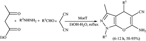 Scheme 65. The use of morpholine triflate (MorT) to prepare dihydropyrano[2,3-c]pyrazoles.