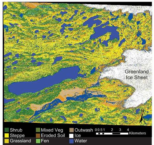 Figure 2. Land cover classification map of the study area. Colors coincide with land cover classes, including the following vegetation classes: shrub, steppe, grassland, mixed vegetation, eroded soil, and fen
