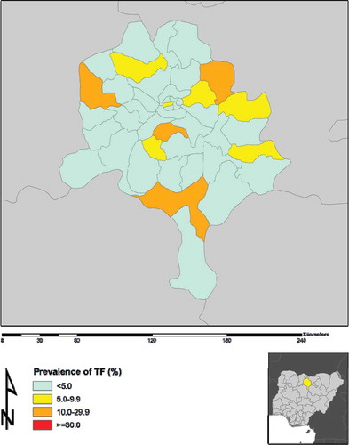 Figure 1. Prevalence of trachomatous inflammation–follicular (TF) in 1–9-year-old children, by Local Government Area, Kano State, Nigeria, Global Trachoma Mapping Project, May–July 2013.